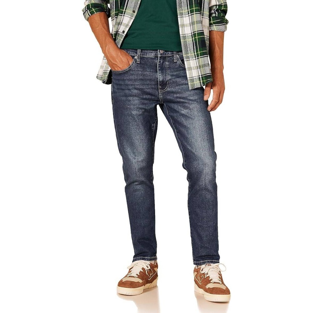 Amazon Essentials Mens Slim Fit Tapered Leg Jeans Dark‎ Wash Blue Stretch Denim